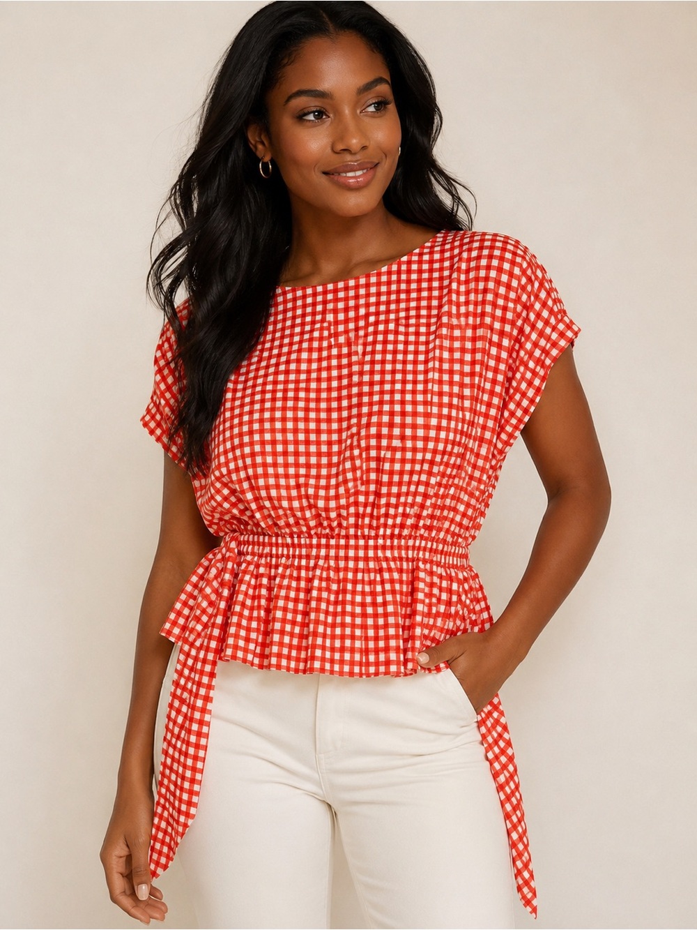 Ann Taylor Red and White Gingham Peplum Top